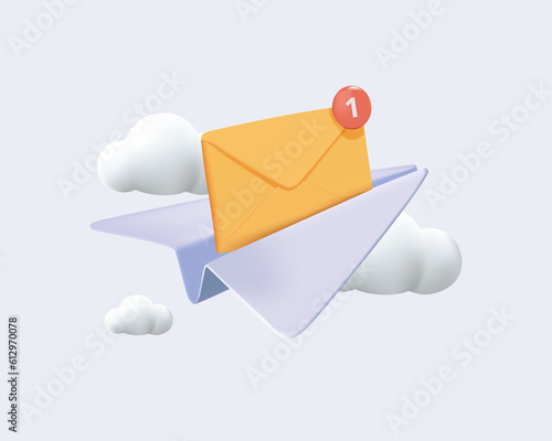 3d paper plane and mail icon with notification of new message. Minimal 3d email sent letter to social media marketing. Subscribe to newsletter. 3d plane icon vector rendering illustration