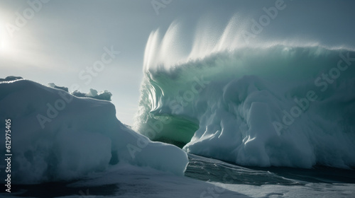 A close-up of a wave crashing against an Antarctic iceberg, illuminated by the sun.