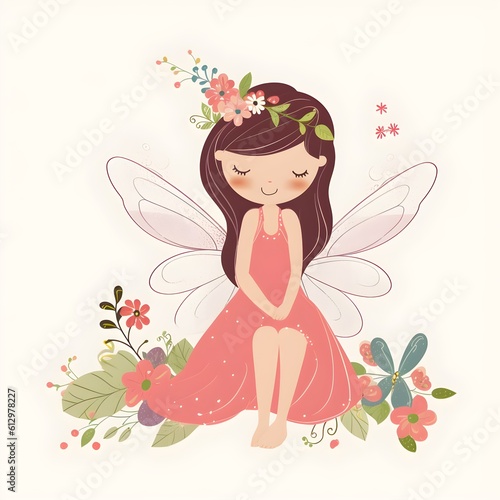 Blossoming fairy whimsy, vibrant illustration of cute fairies with colorful wings and whimsical flower accents