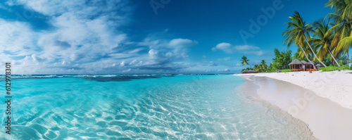 beach with blue sky and exotic landscape of caribbean island, generative artificial intelligence