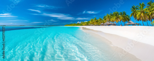 beach with blue sky and exotic landscape of caribbean island, generative artificial intelligence