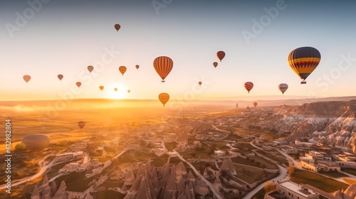 Hot air balloon tour over mountain landscape. Spring dawn. . Generative AI