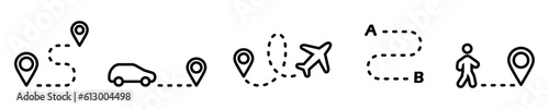 Conjunto de iconos de rutas. Diferentes tipos de rutas o trayectoria, viaje. Transporte aéreo, terrestre, punto a y b, caminar, punto de ubicación. Ilustración vectorial
