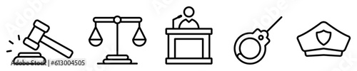 Conjunto de iconos de justicia. martillo de justicia, balanza e igualdad, juez, grillete, policía y seguridad. Ilustración vectorial