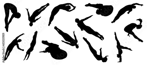 silhouettes of diving people