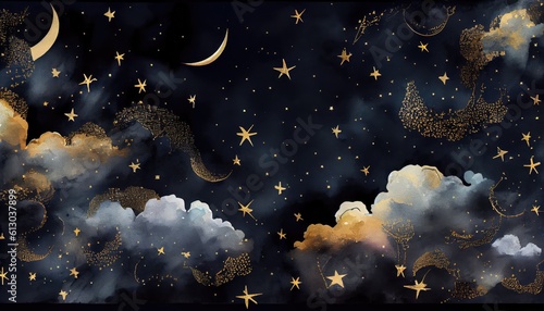 Seamless pattern of the night sky with gold foil constellations stars and clouds watercolor. Generate Ai.