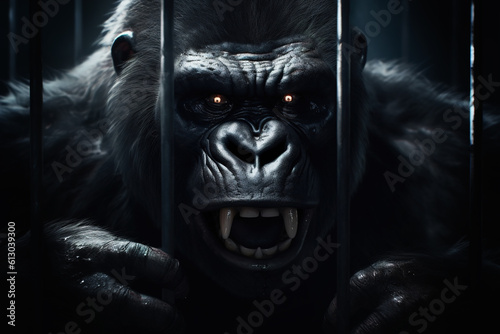 Dangerous angry gorilla behind iron bars, scary monkey in captivity. Wild animal Generative AI illustration