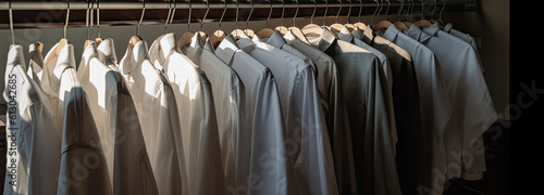 Ready-to-Wear. Dry Cleaners' Rack Stocked with Freshly Cleaned Clothes. generative ai