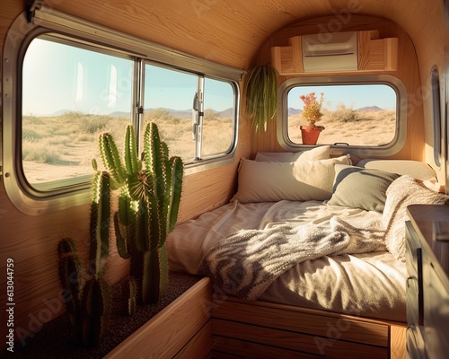 Silver airstream caravan in the desert with cacti and plants. Relax vacation in the nature. Hot desert weather with a lot of sun. Generated AI.