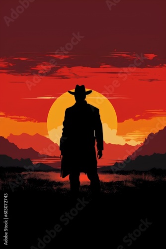 gunslinger with cowboy hat and coat in western environment background, minimalism, dark sunset. generative AI