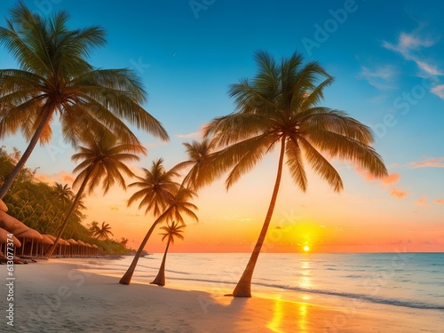 palm trees on the beach sunset generated Ai