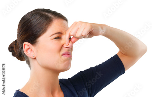 Holding nose, disgust or woman frustrated by bad smell or odor isolated on transparent png background. Face, bad breath or girl with gross, smelly or disgusted expression for stink, scent or aroma