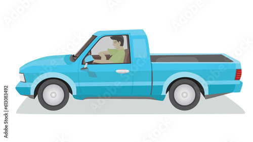 Concept vector illustration of detailed side of a flat blue pickup car. with shadow of car. Can view interior of car with driver. Isolated white background.
