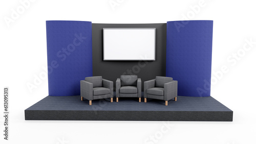 3d rendering of presentation stage talk show backdrop with sofa and blank screen, Presentation business concept