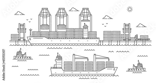 Seaport landscape, maritime shipment hub outline background. Container transportation, world trade logistics and port infrastructure thin line vector concept with cranes and ships in harbor wharf