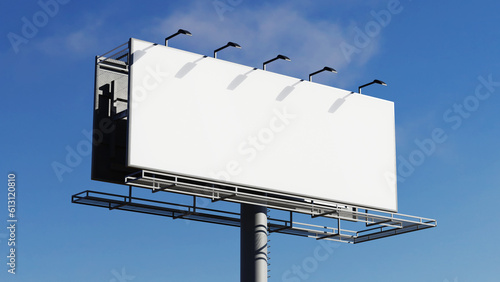 Blank outdoor billboard on blue sky background 8K high quality resolution. 3D realistic illustration of a large billboard 