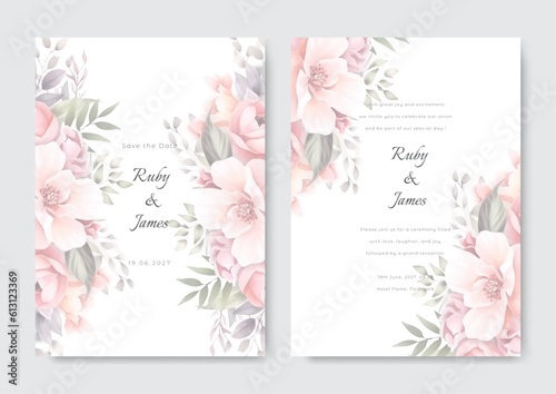 wedding invitation with watercolor rose and dahlia flowers