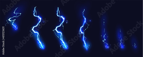 Cartoon lightning animation. Animated frames of electric strike, magic electricity hit and thunderbolt effect vector illustration set