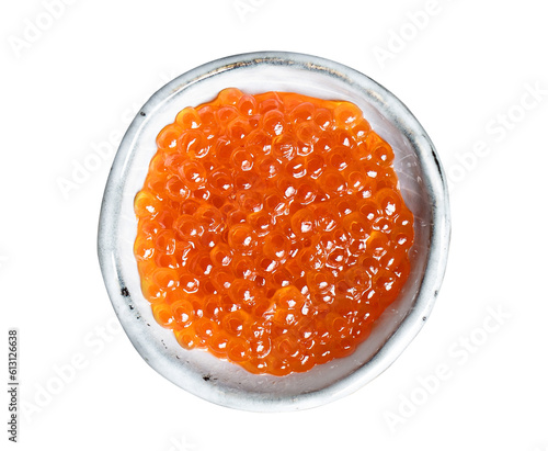 Red fresh grainy salmon caviar in a plate on white background with clipping path. Full Depth of field. Focus stacking. PNG