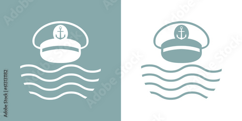 Logo nautical. Sombrero de capitán de barco con olas de mar
