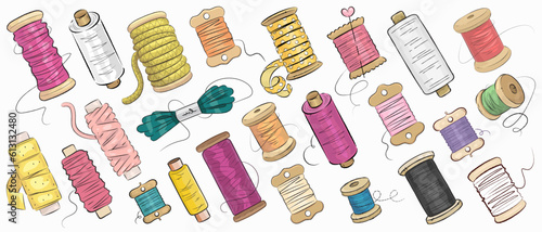 Hand drawn colorful spool of thread set isolated on white background. Sewing supplies. Vector illustration