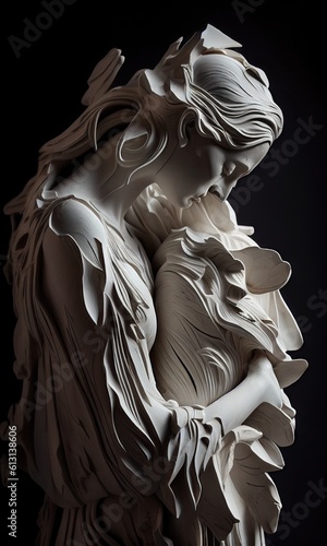 Statue of a woman holding an infant pathetic and sad, melancholy black and white Abstract, Elegant and Modern illustrationby AI generated.
