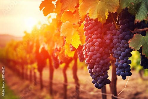 Generative AI of Beautiful grapes in a vineyard at sunset. 