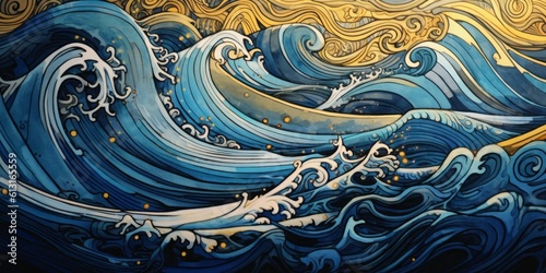 Serenity in Motion: a Captivating Gold and Blue Ocean Wave Painting, Generative AI