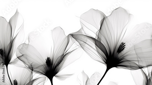 Art background with transparent x-ray flowers. Blooming flowers. Beautiful floral backdrop. Generative AI. Illustration for cover, card, postcard, interior design, packaging, invitations or print.