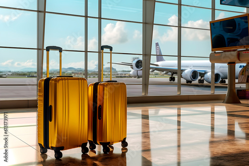 Maletas de equipaje en terminal del aeropuerto cerca de avión de pasajeros. concepto de viaje y vacaciones de verano