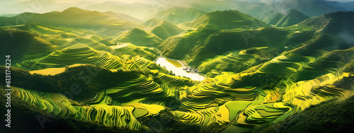 Abstract landscape rice terraces field in colorful.nature agriculture patterns,beautiful greeny hills or valley mountain.generative ai art
