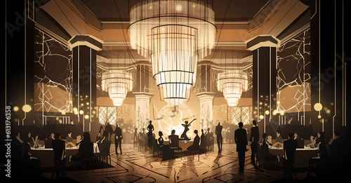 an art deco-inspired illustration of a luxurious ballroom from the 1920s, featuring geometric patterns, elegant furniture, and opulent chandeliers. Render it in high definition with dramatic lighting 