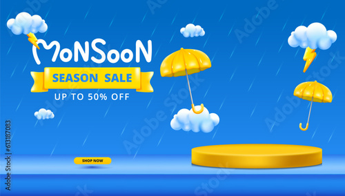 Monsoon season banner sale with podium design with 3d clouds lightning yellow umbrellas