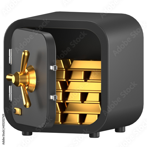 3d icon of a open black safe with stacks of gold bars inside