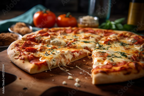 Cheesy Pizza Delight: Wood-Fired with Melting Cheese and tomato Sauce - Authentic Italian Cuisine - pizza - cheese - pizzeria - tomato - cheesy - wood-fired - pepperoni - Italian - generative ai