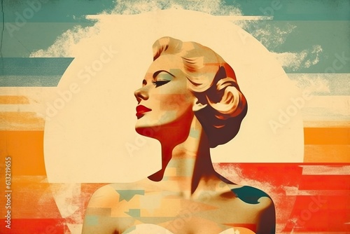 Portrait of beautiful woman with makeup in retro style on colorful background, Vintage beauty pop - art. Concept model 1940s abstract. generative AI