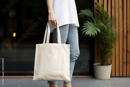 young girl is carrying a blank white cotton eco tote bag on wooden background. Mockup design, Generative AI