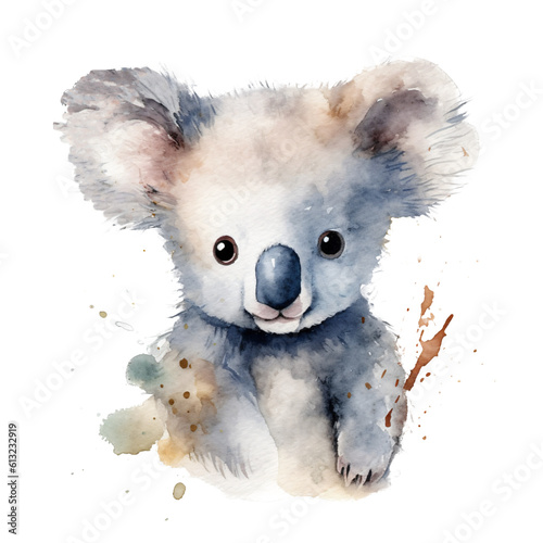 portrait little cute koala bear baby in watercolor isolated against transparent background