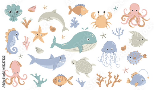 Fish and wild marine animals are isolated on white background. Inhabitants of the sea world, cute, funny underwater creatures dolphin, shark, ocean crabs, sea turtle. Flat cartoon vector illustration.