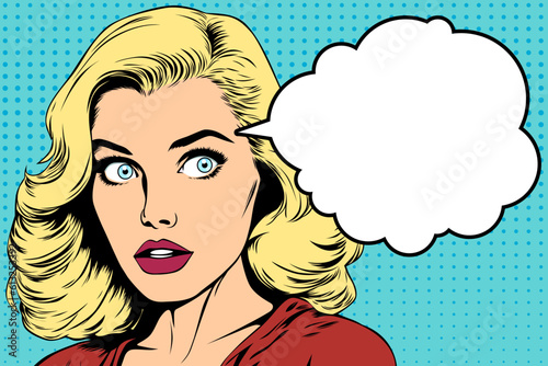Surprised young beautiful blonde woman with wide open blue eyes and speech bubble, vector illustration in vintage pop art comic style