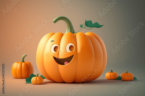 Cute orange pumpkin 3d cartoon character composition. Ripe Halloween pumpkin vegetable. Funny mascot on flat background, copy space. Generative AI 3d render illustration imitation.