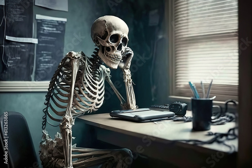 Ai generated illustration Skeletons sitting and waiting for business