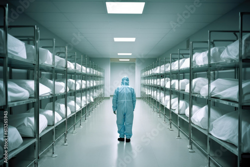 forensic on morgue with bodies in bags. generative ai