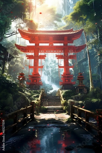 anime style shinto shrine in a jungle, glowing pond. generative AI