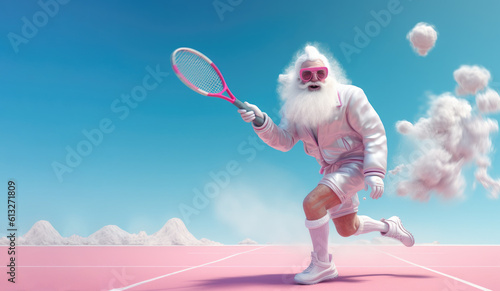 Creative Illustration of aged gentleman with a gray beard donning a futuristic white Santa Claus suit, gripping a tennis racket and playing tennis on pink tennis court. Generative AI.