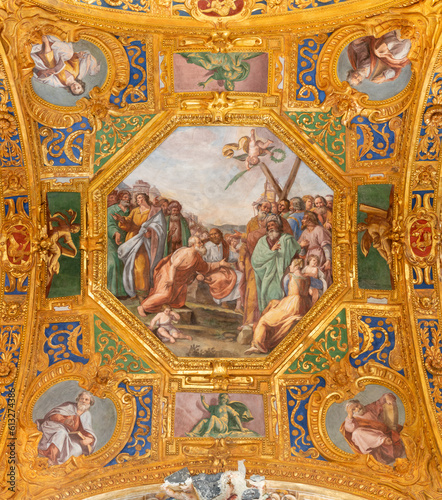 GENOVA, ITALY - MARCH 6, 2023: The fresco scene from life of St. Andrew the Apostle of in the church Basilica della Santissima Annunziata del Vastato by Gioacchino Assereto (1600 – 1649).