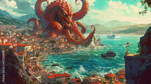 A hydra attacking a coastal city . Fantasy concept , Illustration painting. Generative Ai