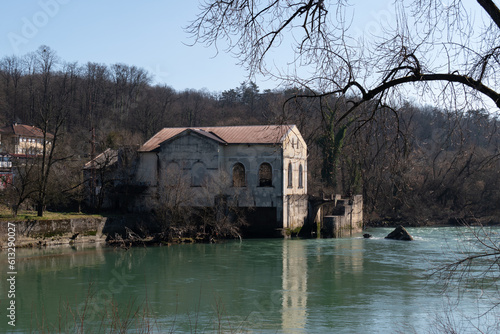 Old abandoned hydro power plant on Vrbas river in Banja Luka, built in 1899