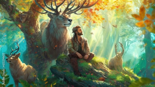 A druid communing with nature and animals in a serene forest . Fantasy concept , Illustration painting. Generative Ai