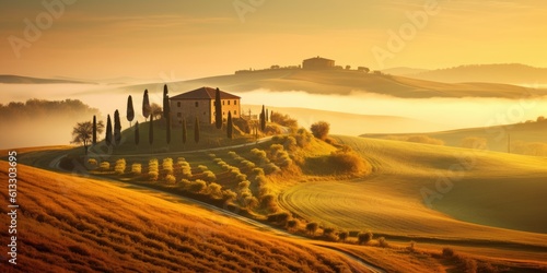 Rolling hills of Tuscany at golden hour, fog.